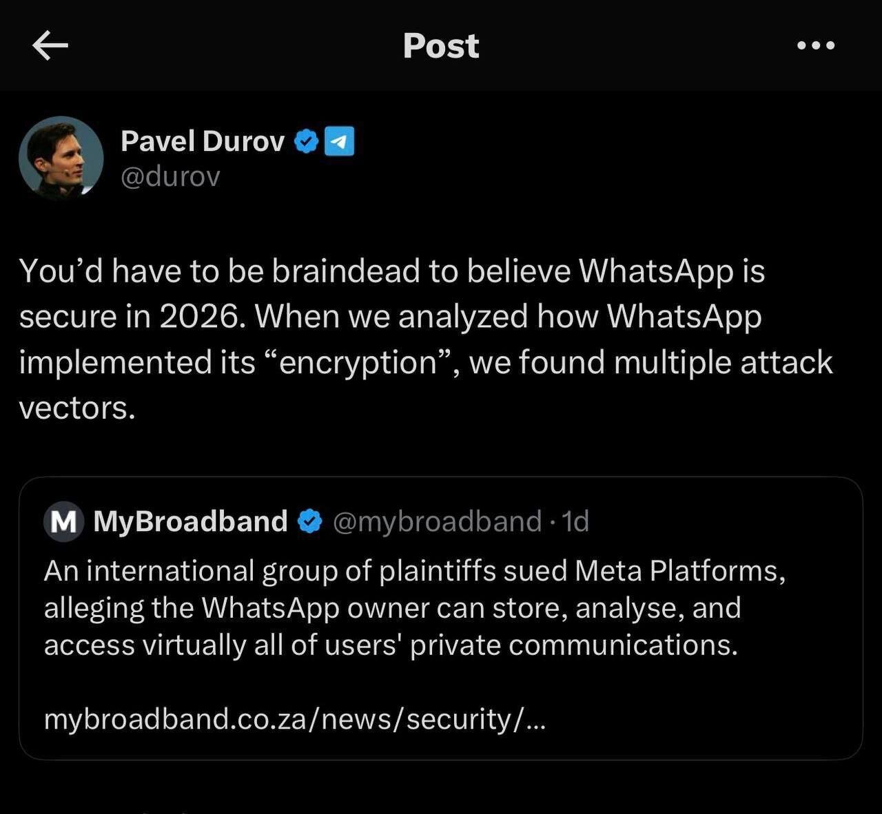 مالک تلگرام: کاربران نباید به امنیت واتساپ اعتماد کنند مالک تلگرام: کاربران نباید به امنیت واتساپ اعتماد کنند