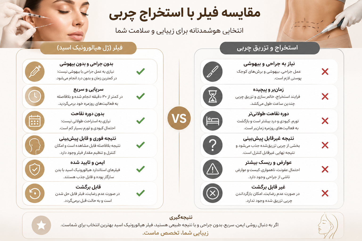 تزریق ژل و فیلر و فرق آن ها؛ راهنمای جامع انتخاب بهترین برند ژل و فیلر مقایسه مفهوم راحتی فیلر در برابر عوارض و پیچیدگیهای استخراج چربی
